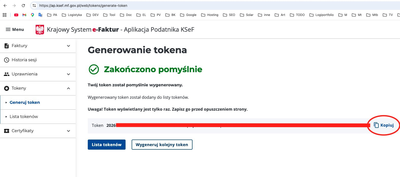 KSeF krok 4 - kopiowanie tokenu